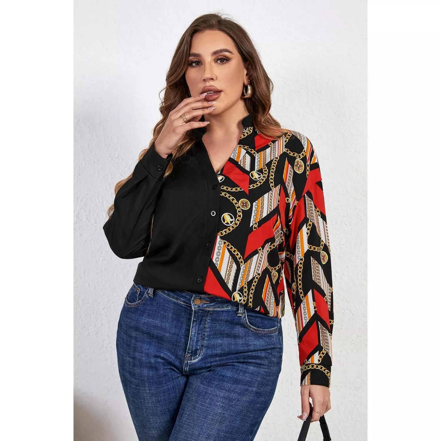 Plus Size Contrast Color Notched Neck Shirt