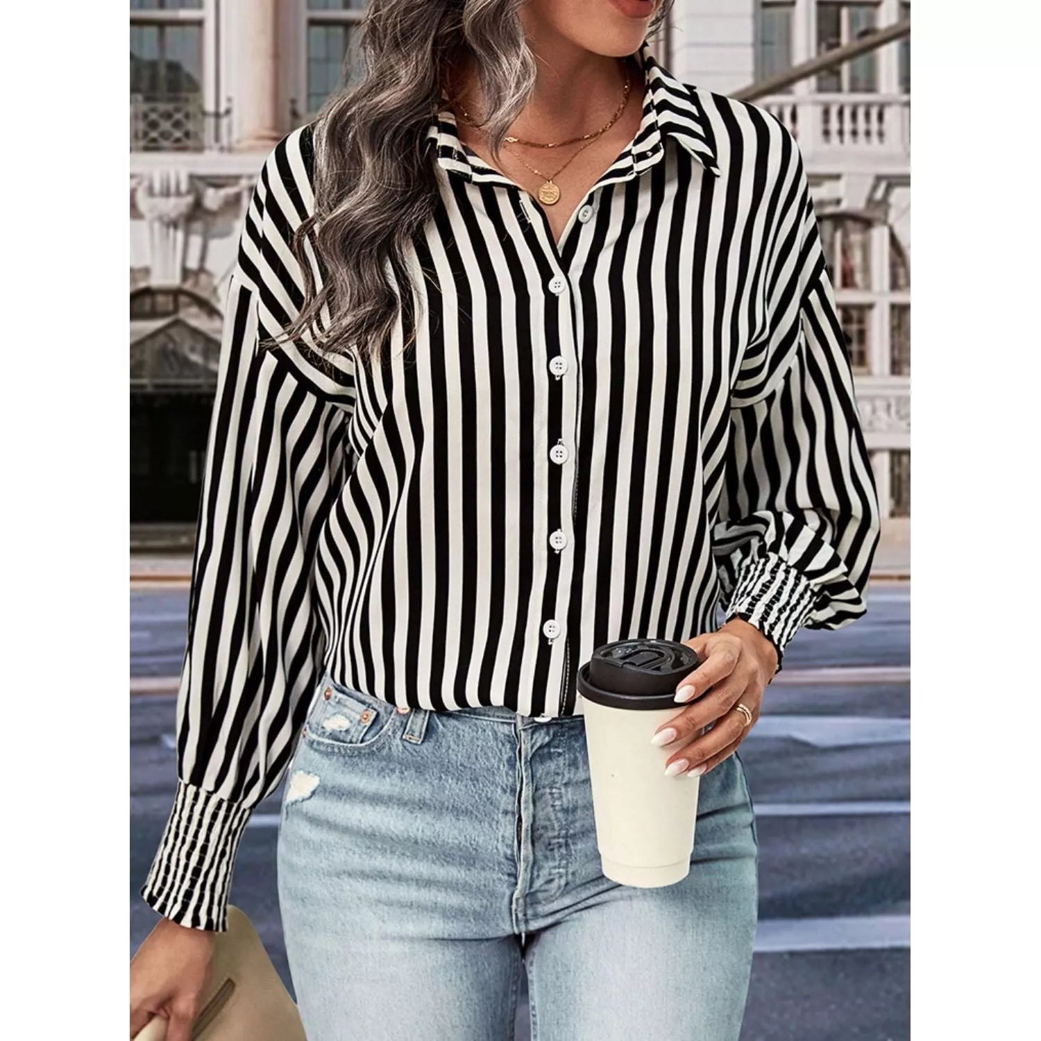 Striped Dropped Shoulder Smocked Wristband Shirt