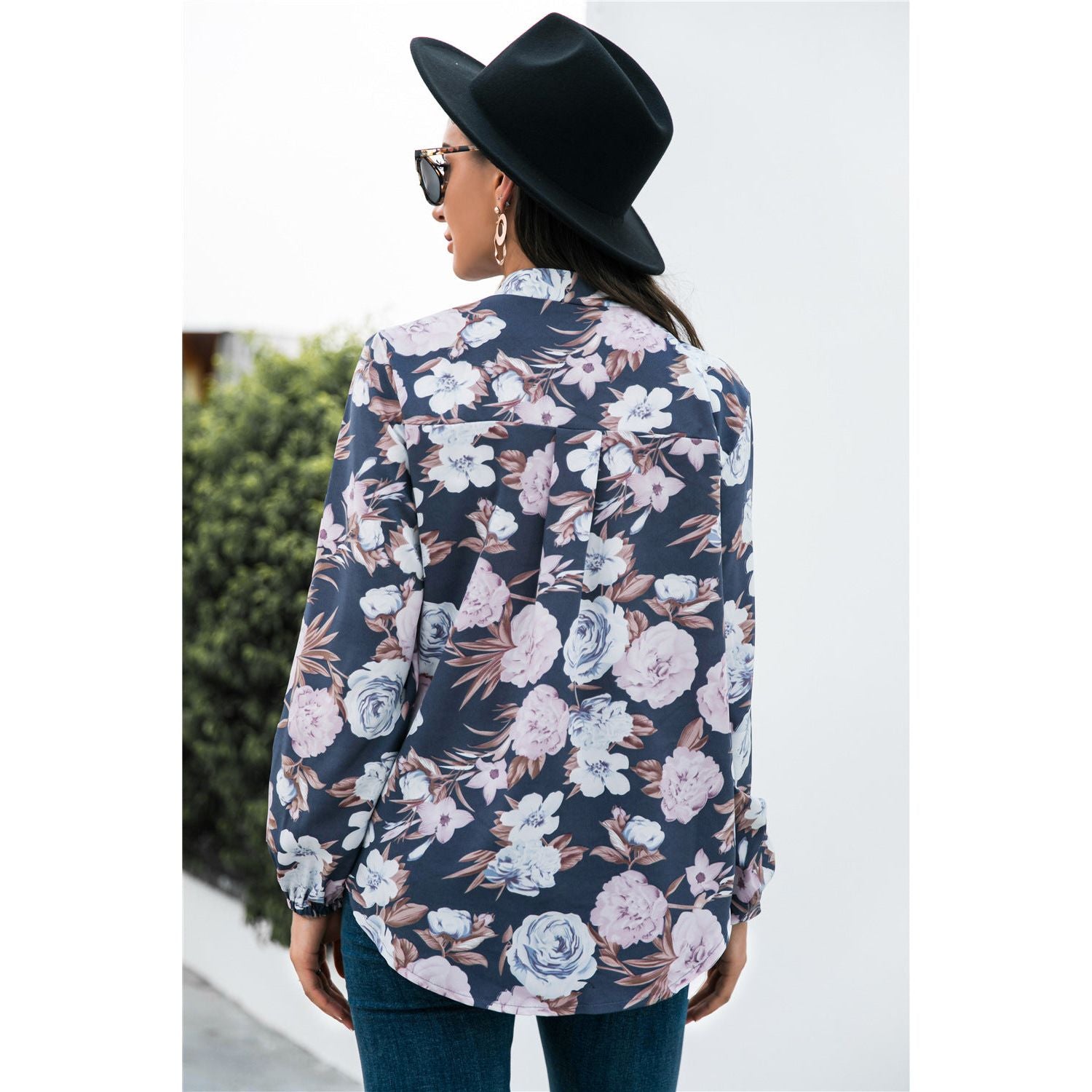 Floral Print Mock Neck Button Front Shirt