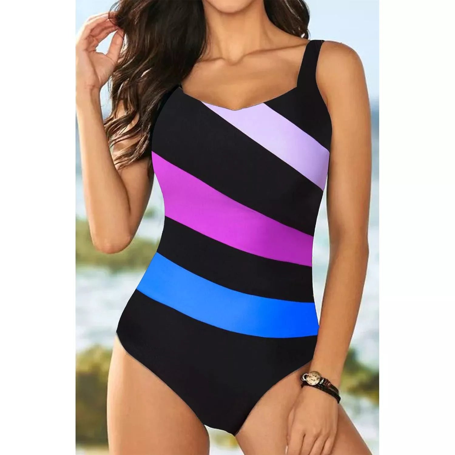 V-Neck Sleeveless Printed One-piece Swimwear