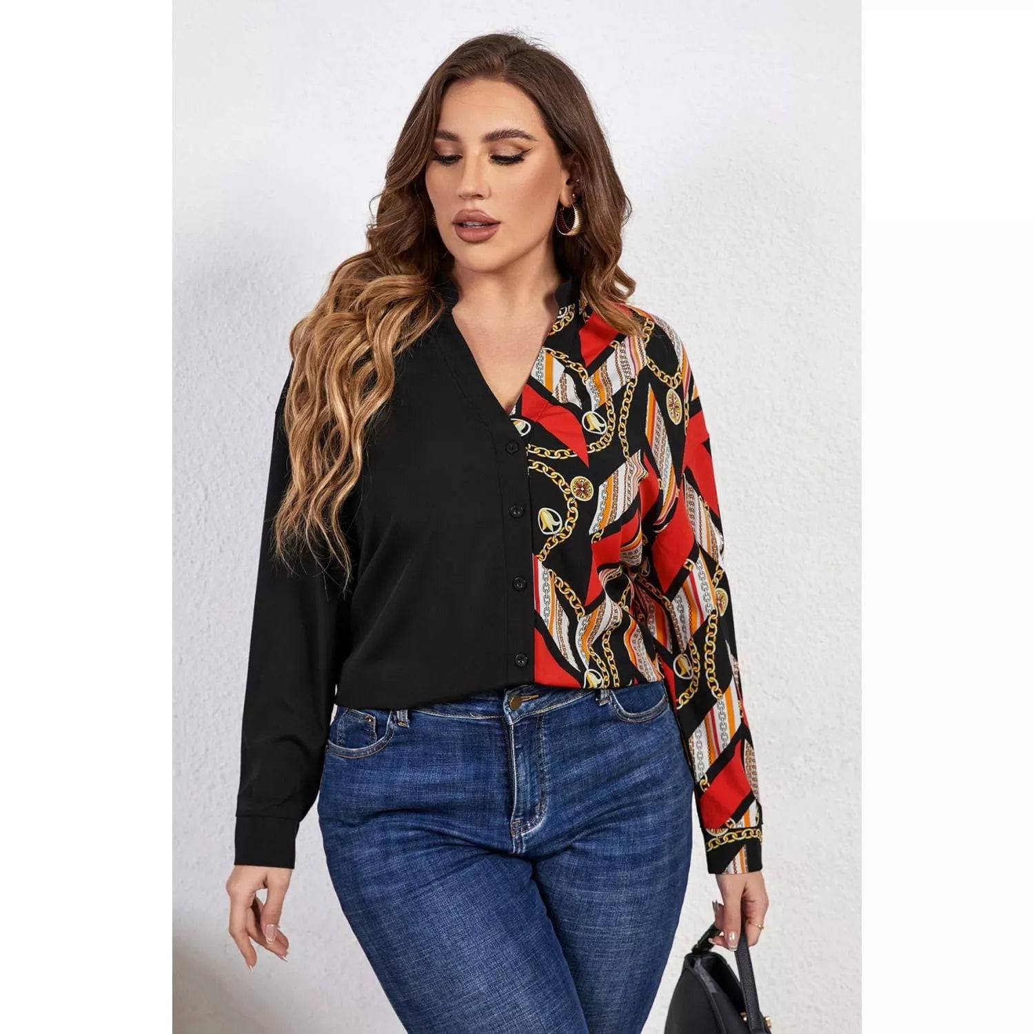 Plus Size Contrast Color Notched Neck Shirt