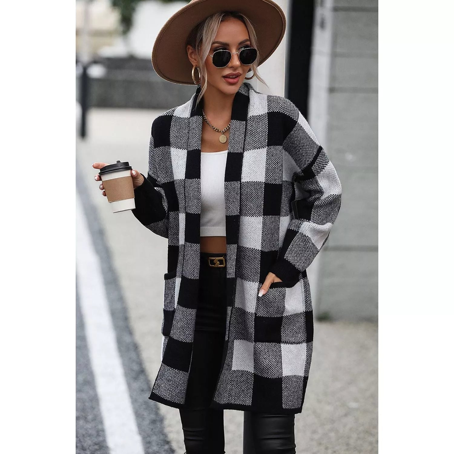 Plaid Dropped Shoulder Cardigan with Pocket