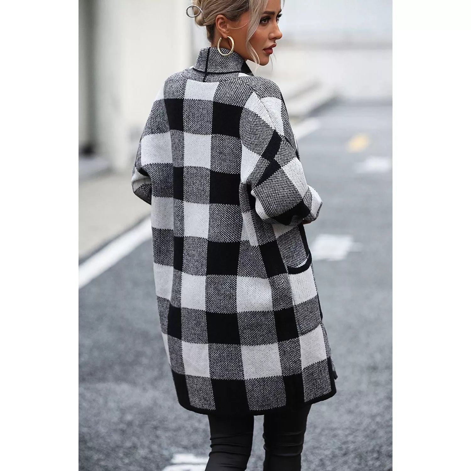 Plaid Dropped Shoulder Cardigan with Pocket