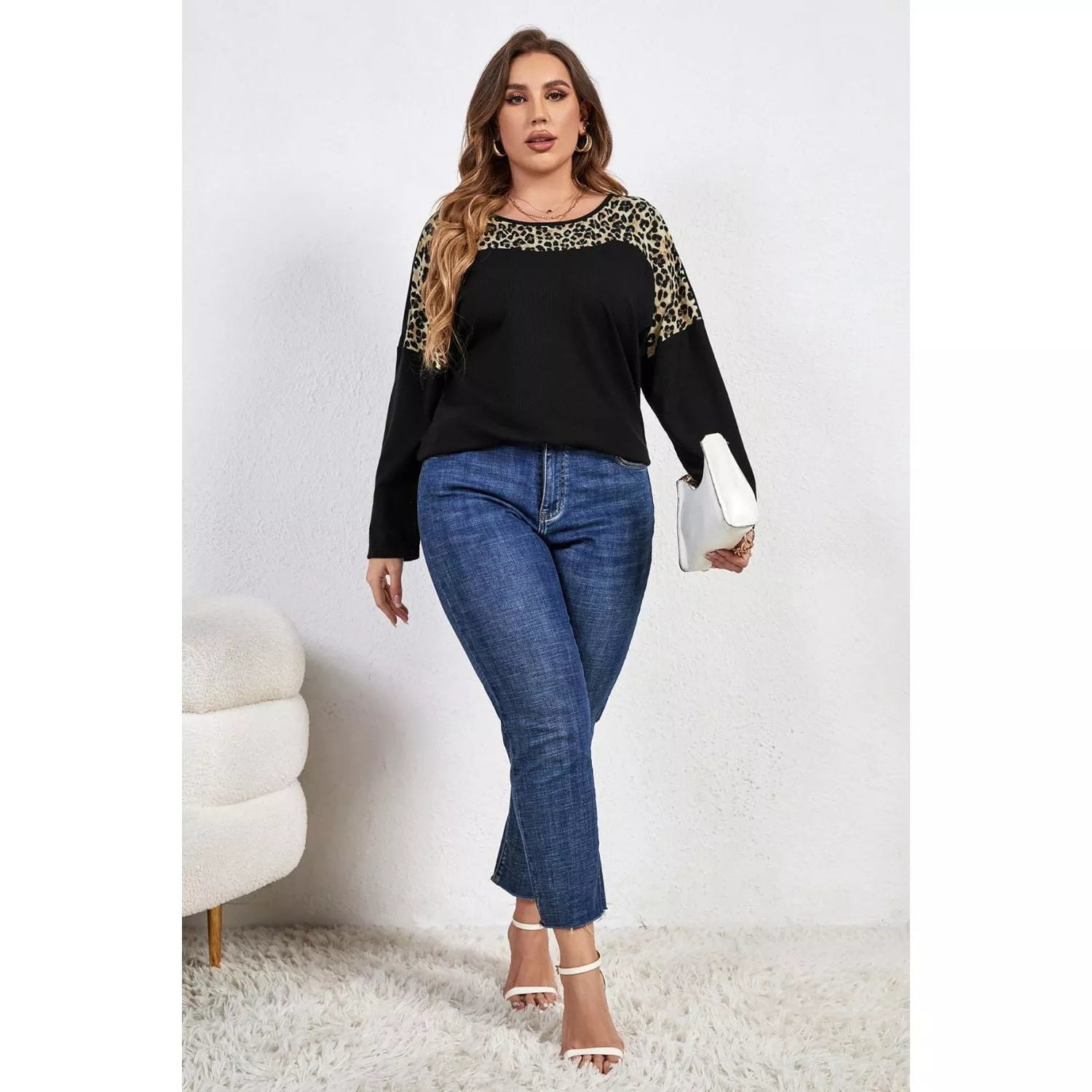 Plus Size Leopard Trim Round Neck Long Sleeve Tee