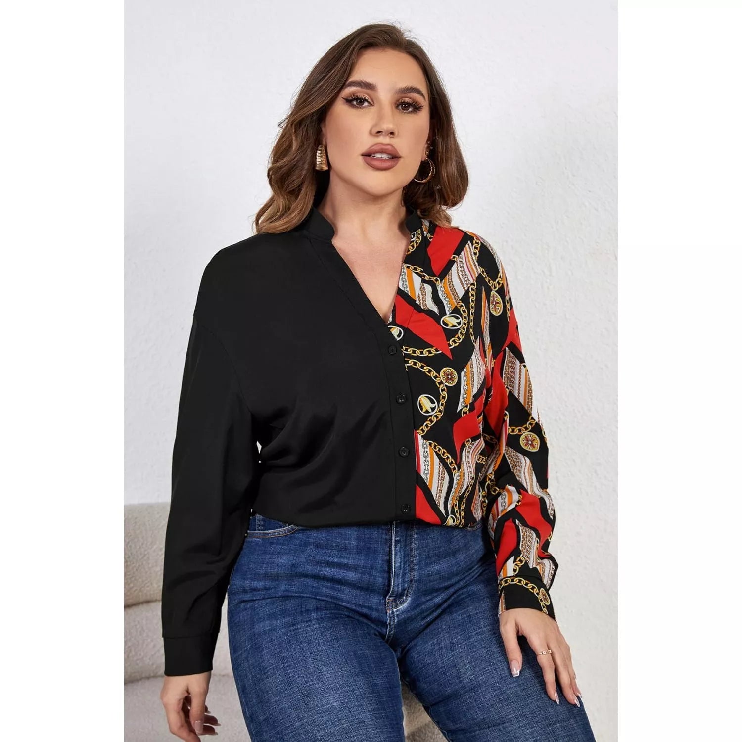 Plus Size Contrast Color Notched Neck Shirt