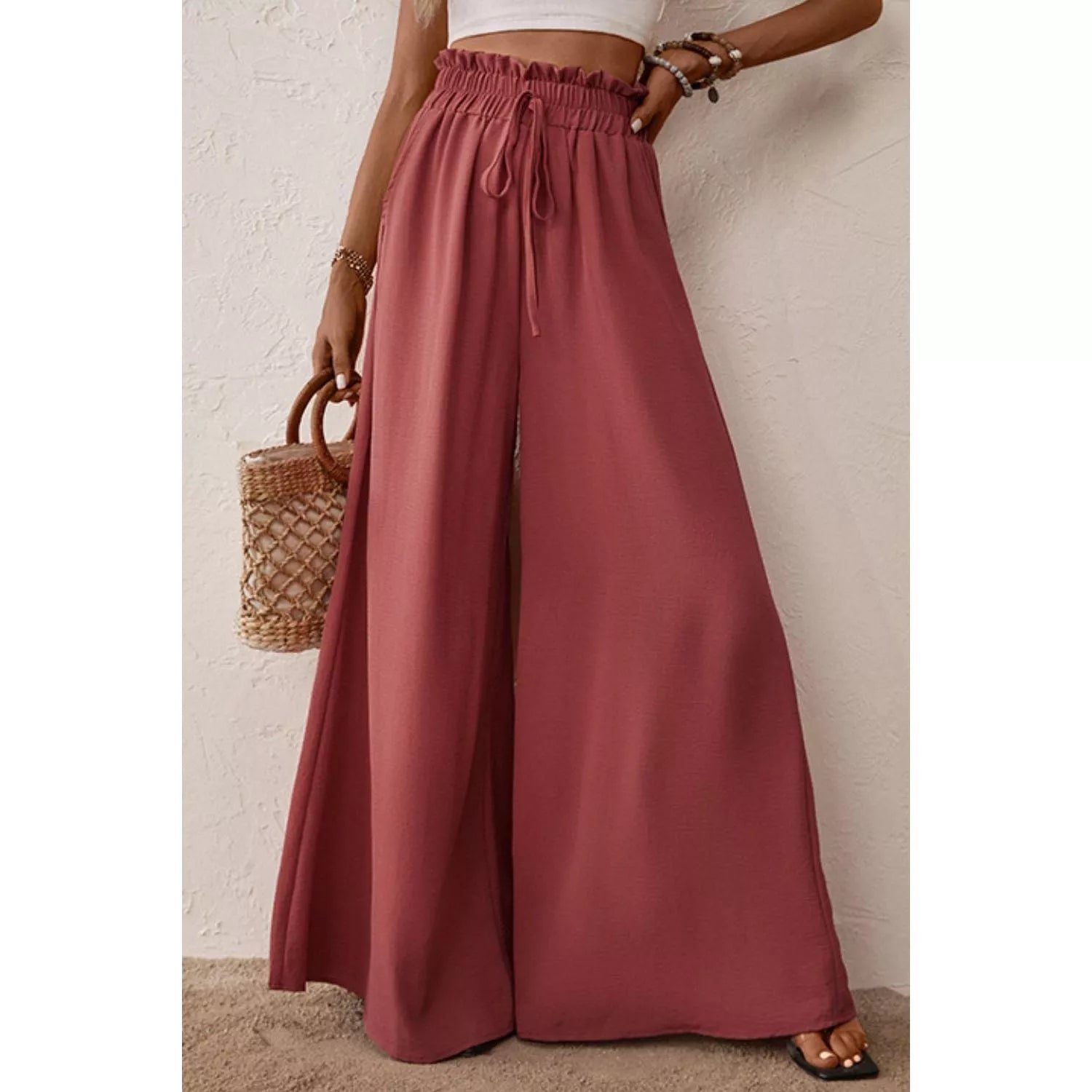 Smocked Paperbag Waist Wide Leg Pants