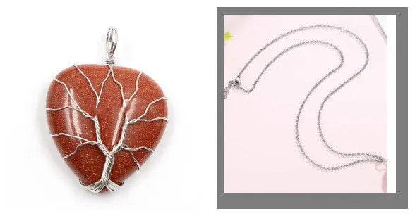 Peach Heart-shaped Lovers Pendant With Natural Crystal Tree Of Life Necklace