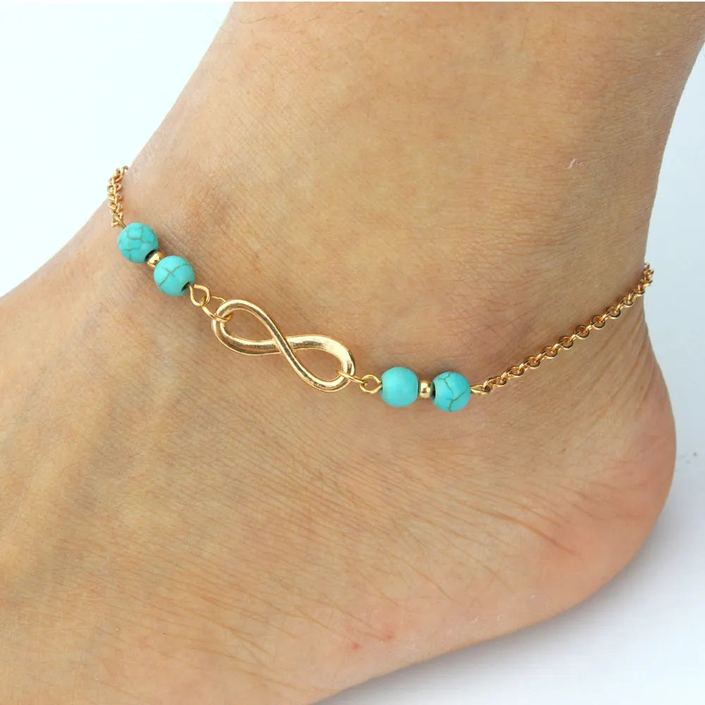 Ankle Bracelet, European And American Foreign Trade Hot Sale Fashion Simple Turquoise Beads Infinite Eight Character Chain