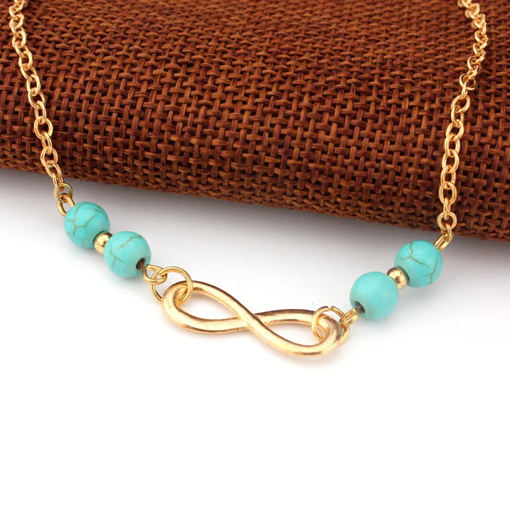 Ankle Bracelet, European And American Foreign Trade Hot Sale Fashion Simple Turquoise Beads Infinite Eight Character Chain