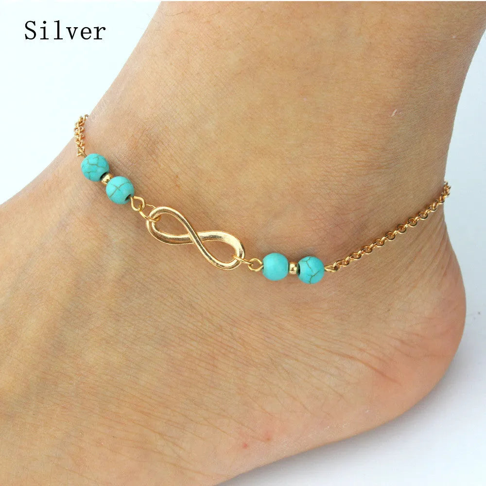 Ankle Bracelet, European And American Foreign Trade Hot Sale Fashion Simple Turquoise Beads Infinite Eight Character Chain