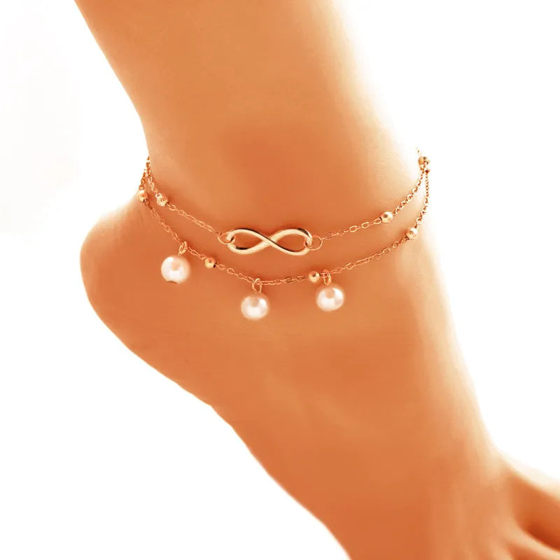 Ankle Bracelet, Women's Alloy Anklet With 8-shaped Double-layer Pearls