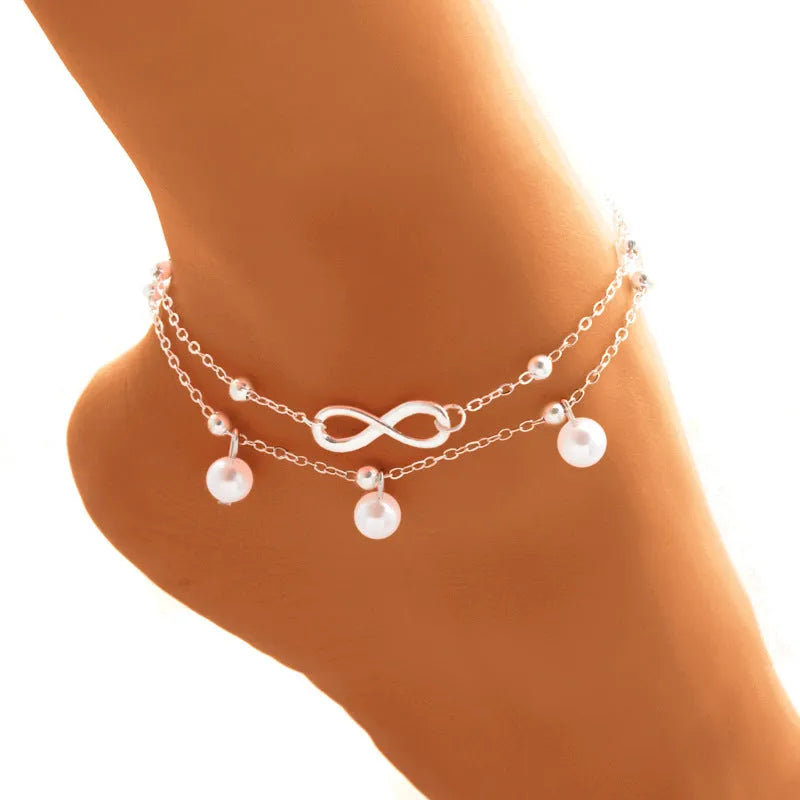 Ankle Bracelet, Women's Alloy Anklet With 8-shaped Double-layer Pearls