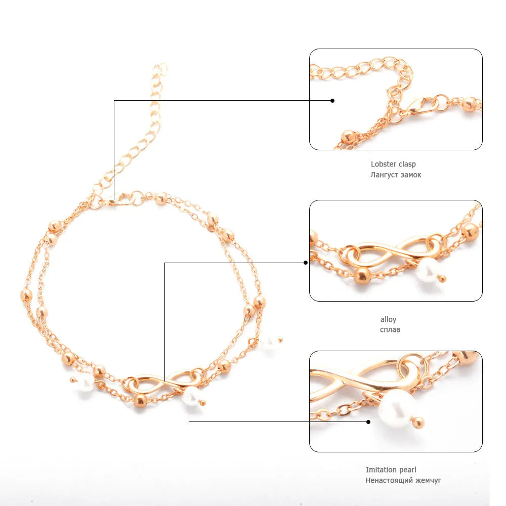 Ankle Bracelet, Women's Alloy Anklet With 8-shaped Double-layer Pearls