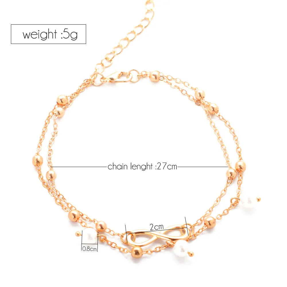 Ankle Bracelet, Women's Alloy Anklet With 8-shaped Double-layer Pearls