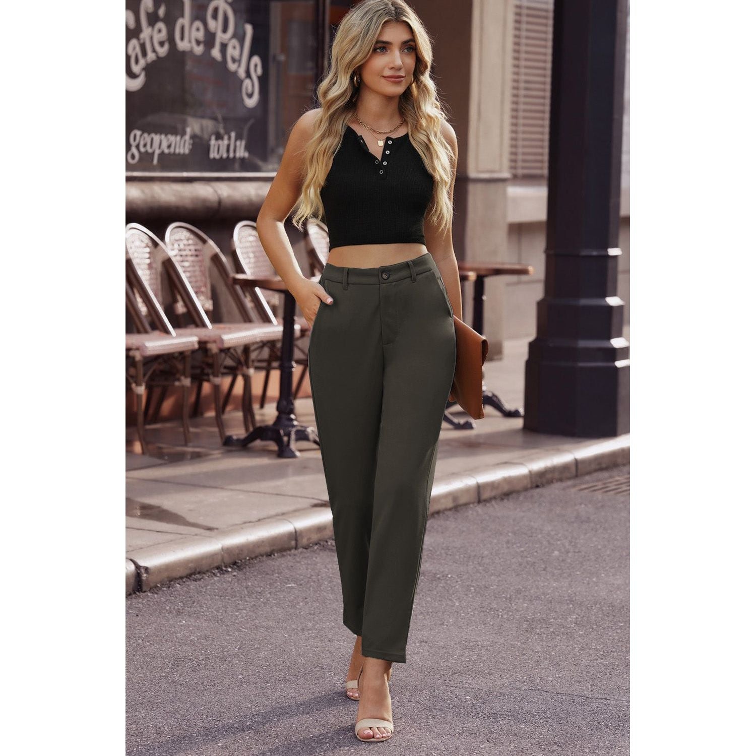 Ankle-Length Straight Leg Pants with Pockets