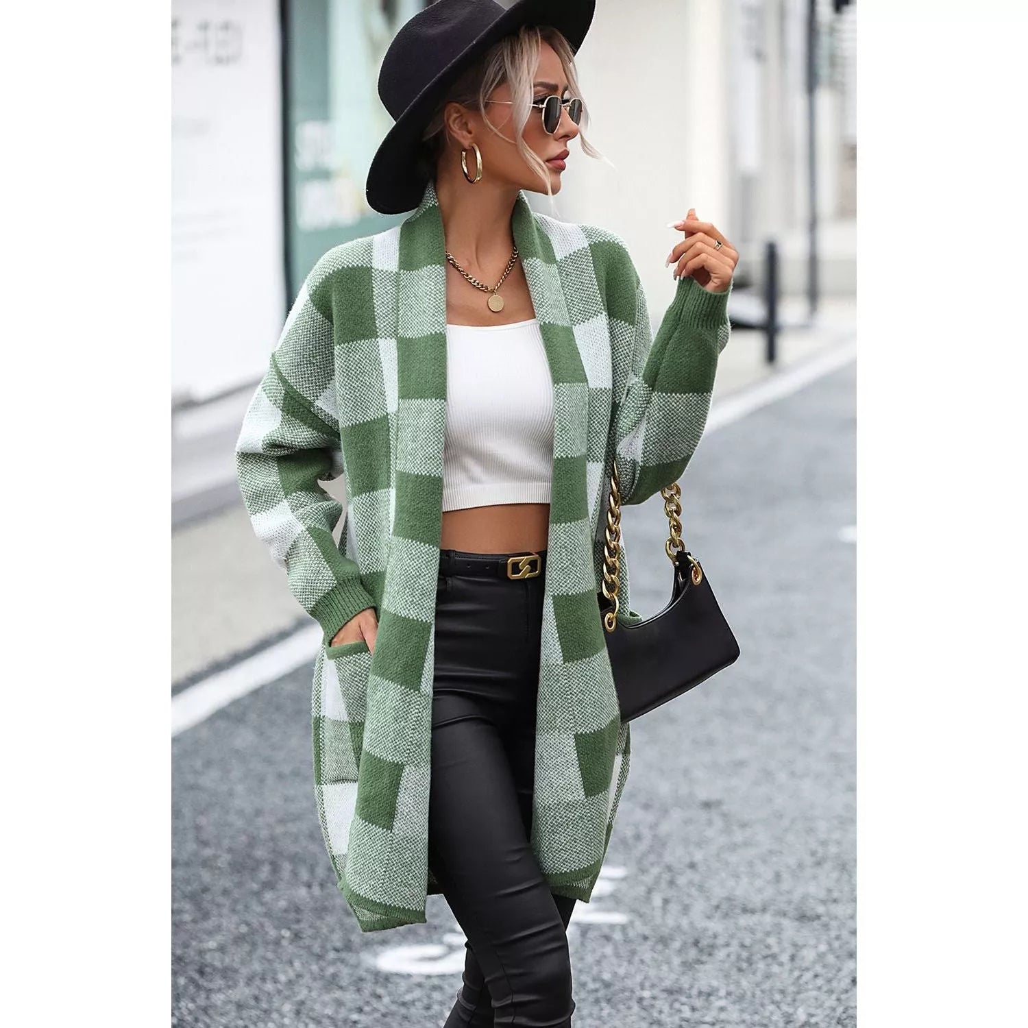 Plaid Dropped Shoulder Cardigan with Pocket