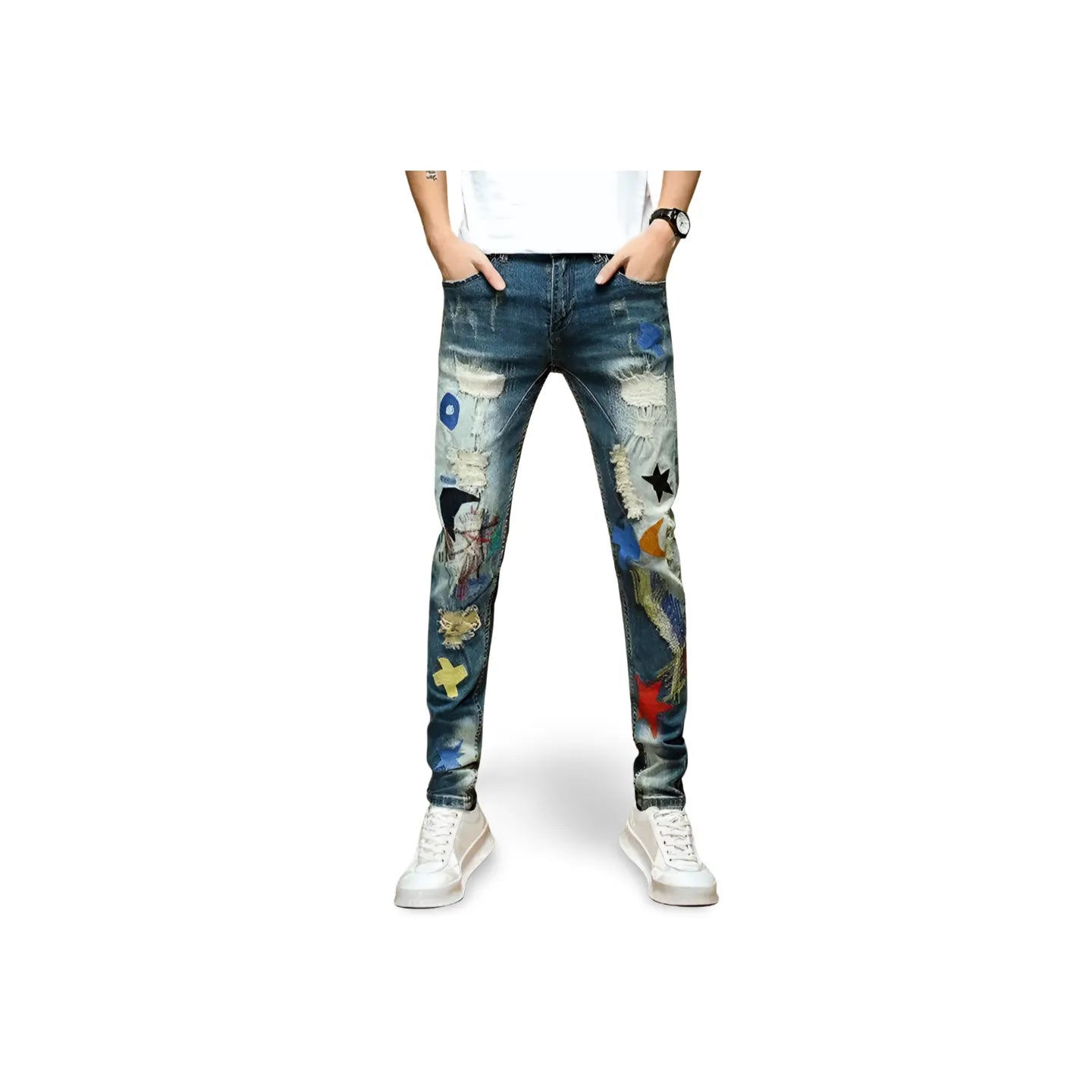 Men's Washed Patchwork Ripped  Embroidery Scratch Denim Jeans