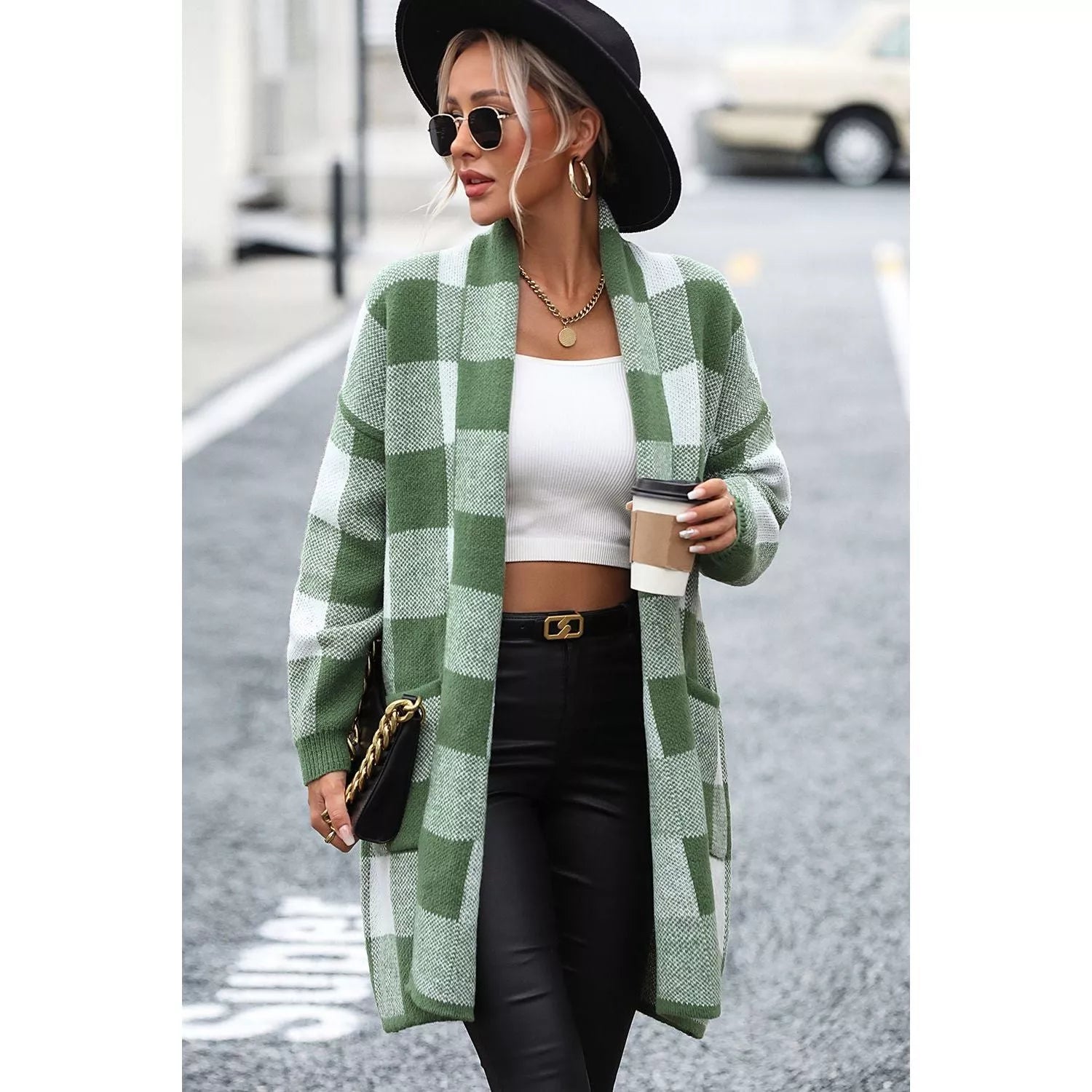 Plaid Dropped Shoulder Cardigan with Pocket