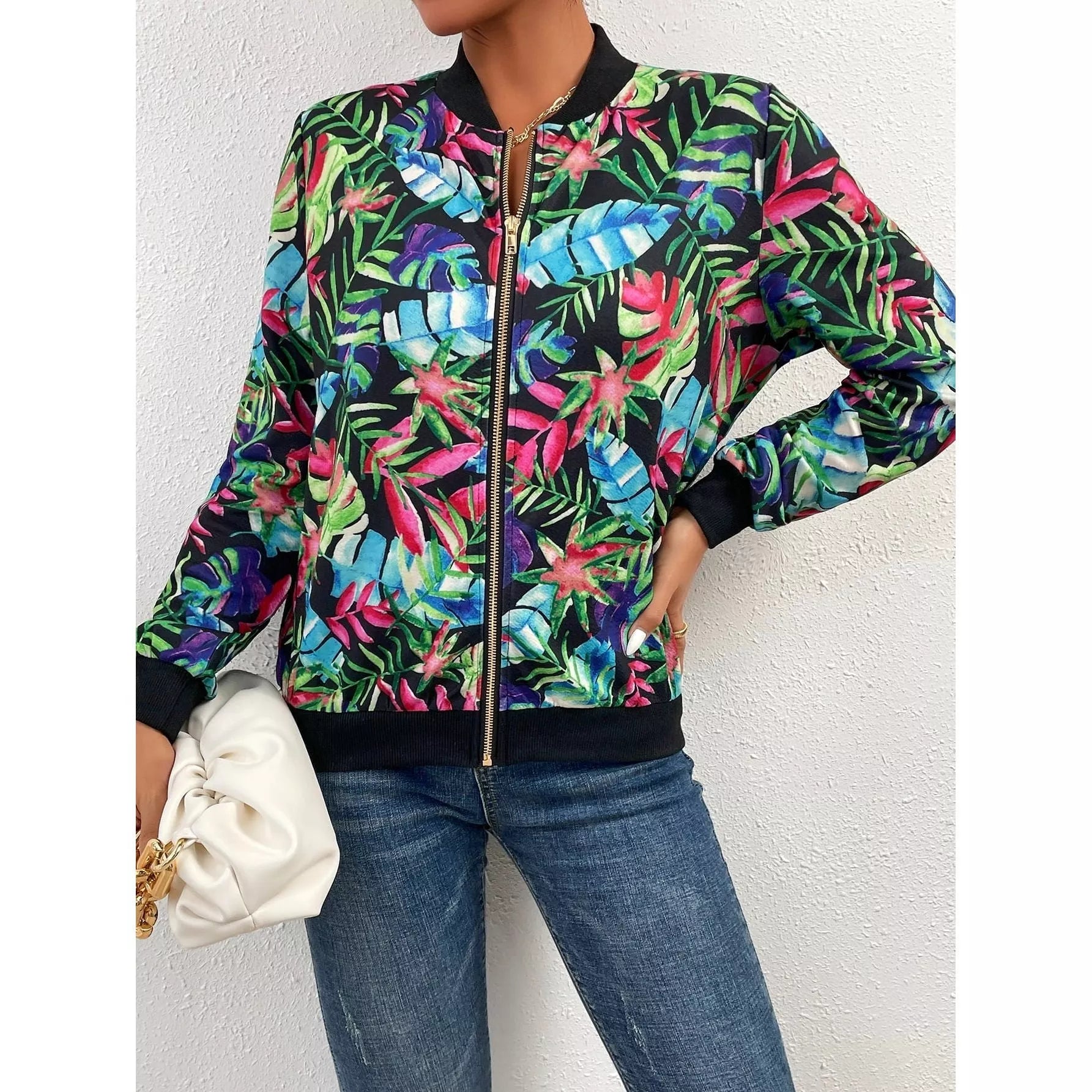 Printed Zipper-Up Long Sleeve Jacket