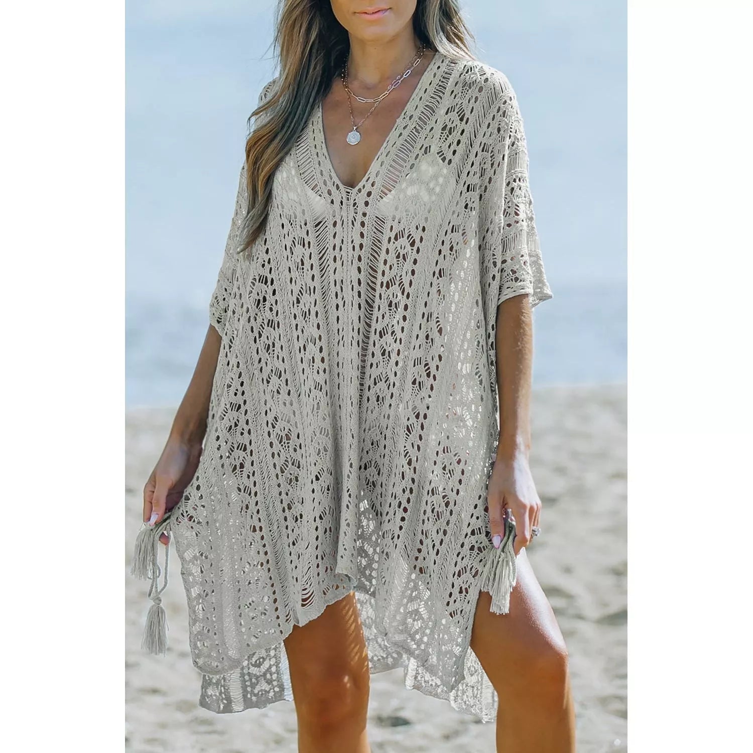 Openwork V-Neck Slit Cover Up