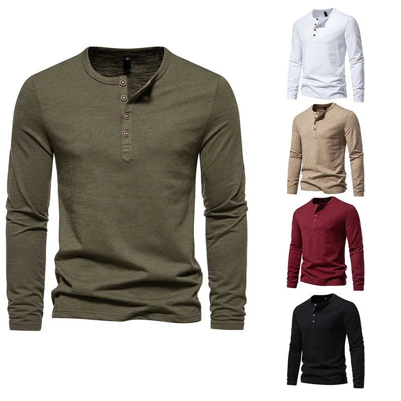 Long Sleeve Tee, Winter New Long Sleeve T-shirt Men's Bamboo Cotton Solid Color Four Button Henry Collar Long Sleeve T-shirt Men