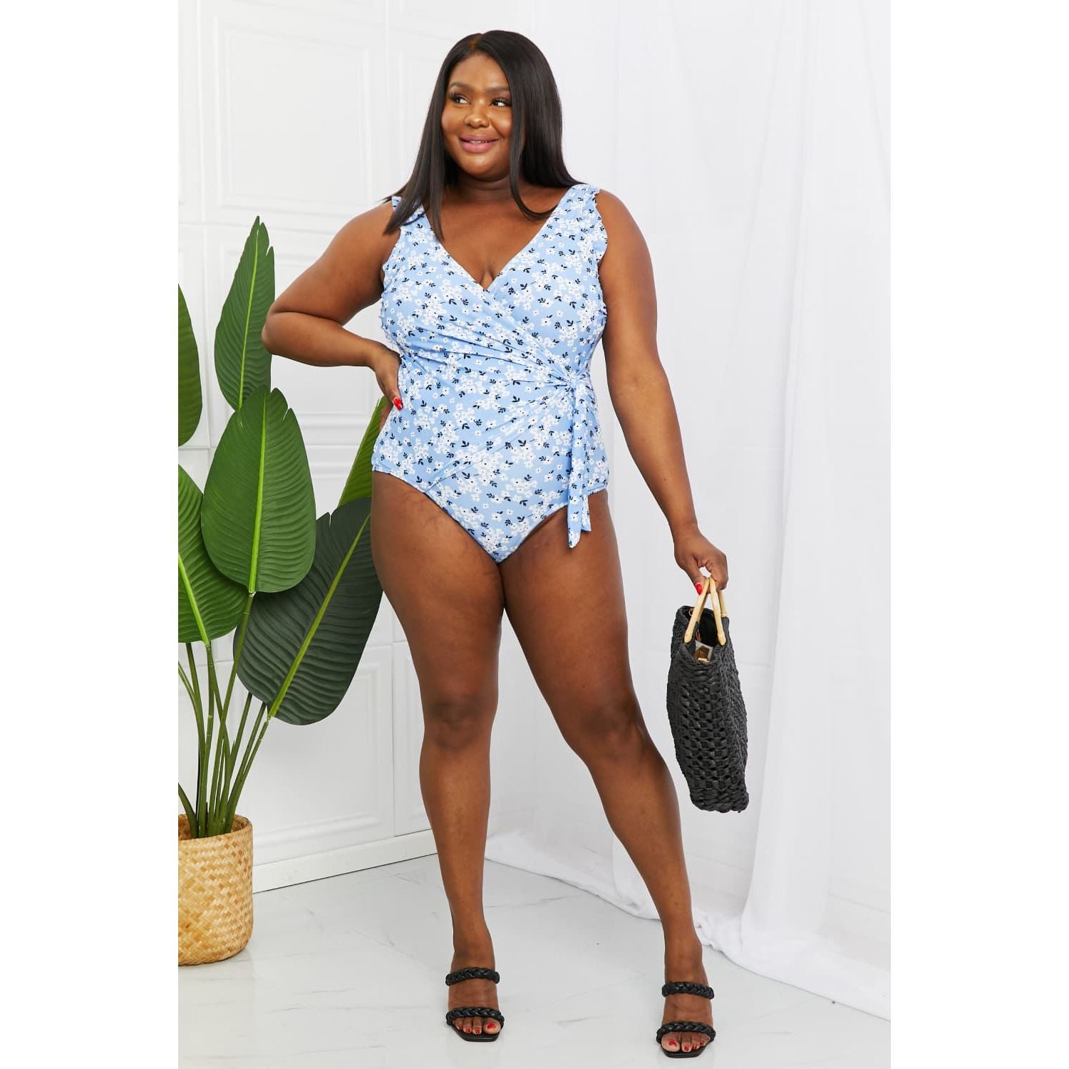 Marina West Swim Full Size Float On Ruffle Faux Wrap One-Piece in Blossom Blue