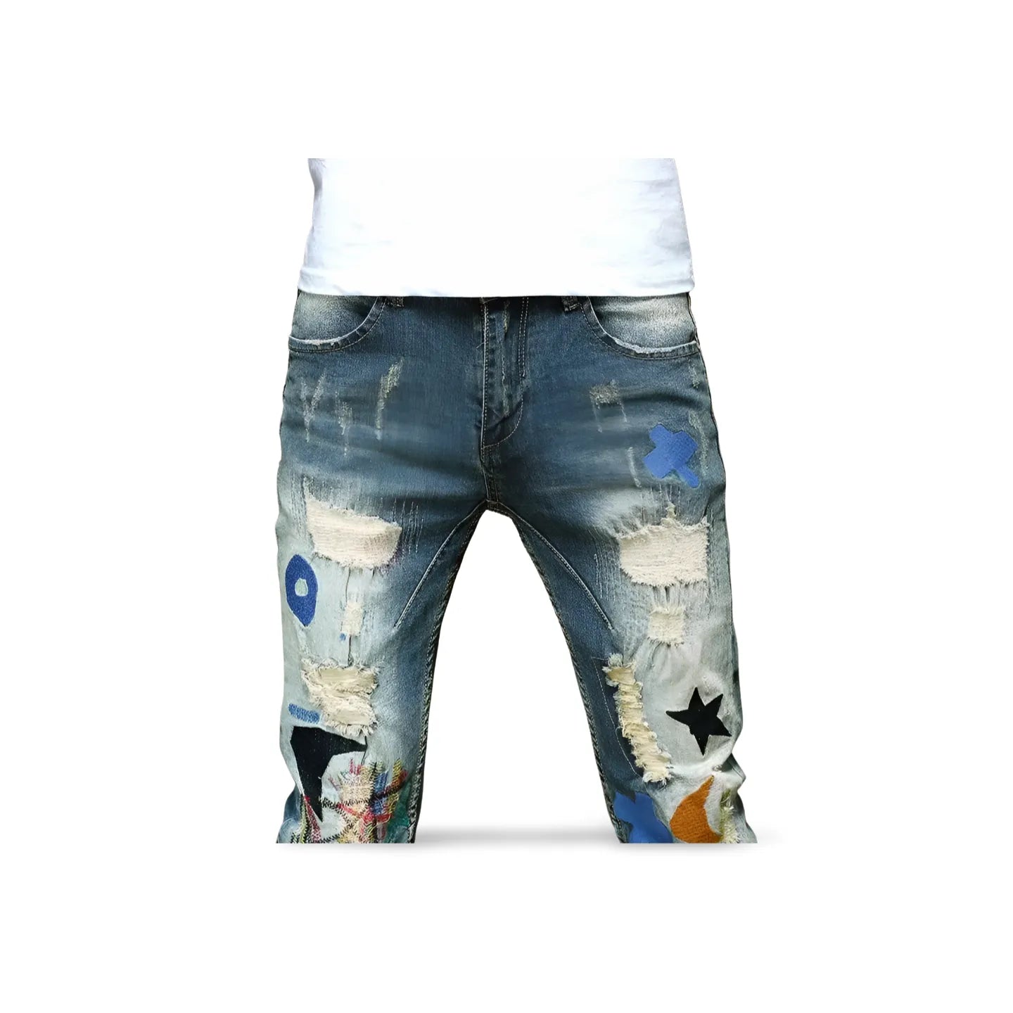 Men's Washed Patchwork Ripped  Embroidery Scratch Denim Jeans