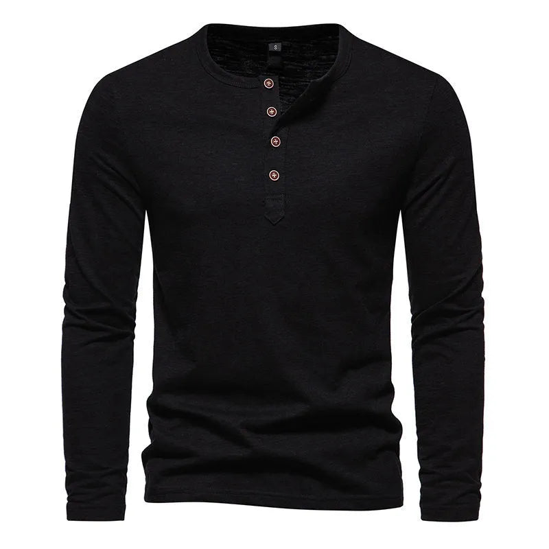 Long Sleeve Tee, Winter New Long Sleeve T-shirt Men's Bamboo Cotton Solid Color Four Button Henry Collar Long Sleeve T-shirt Men