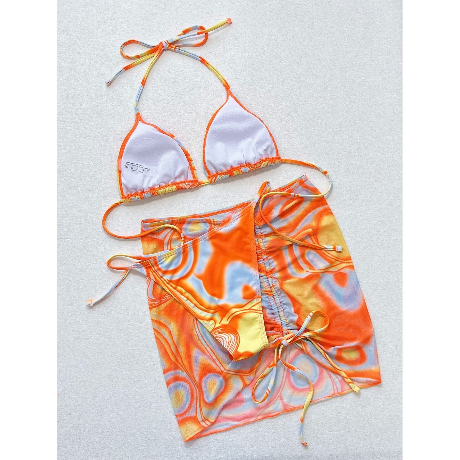 Multicolored Drawstring Ruched Three-Piece Swim Set