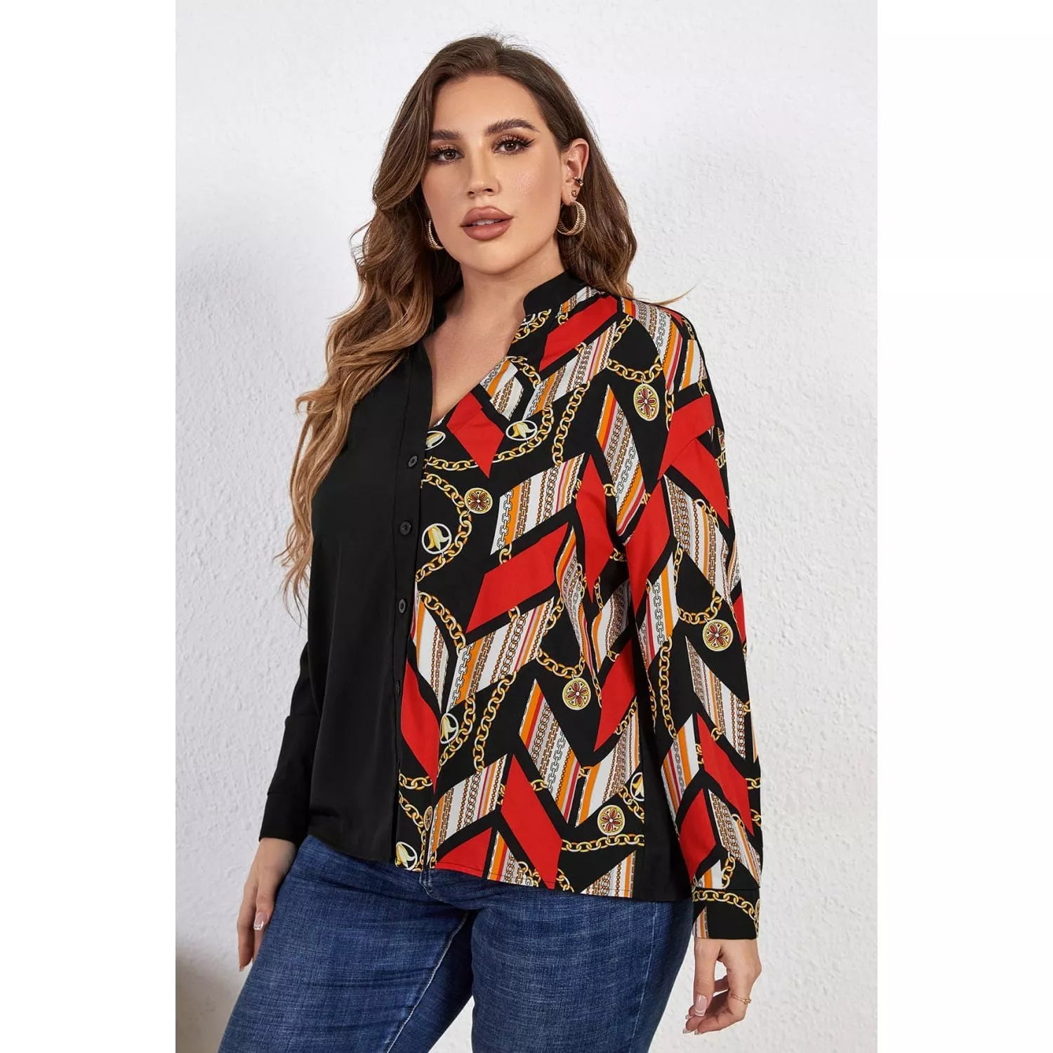 Plus Size Contrast Color Notched Neck Shirt