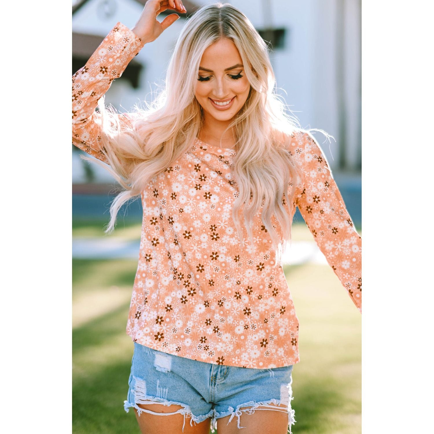 Floral Print Round Neck Long Sleeve Tee