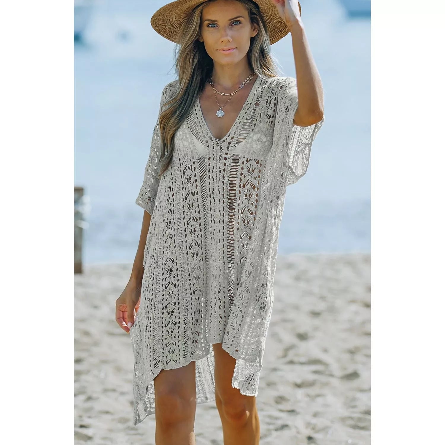 Openwork V-Neck Slit Cover Up