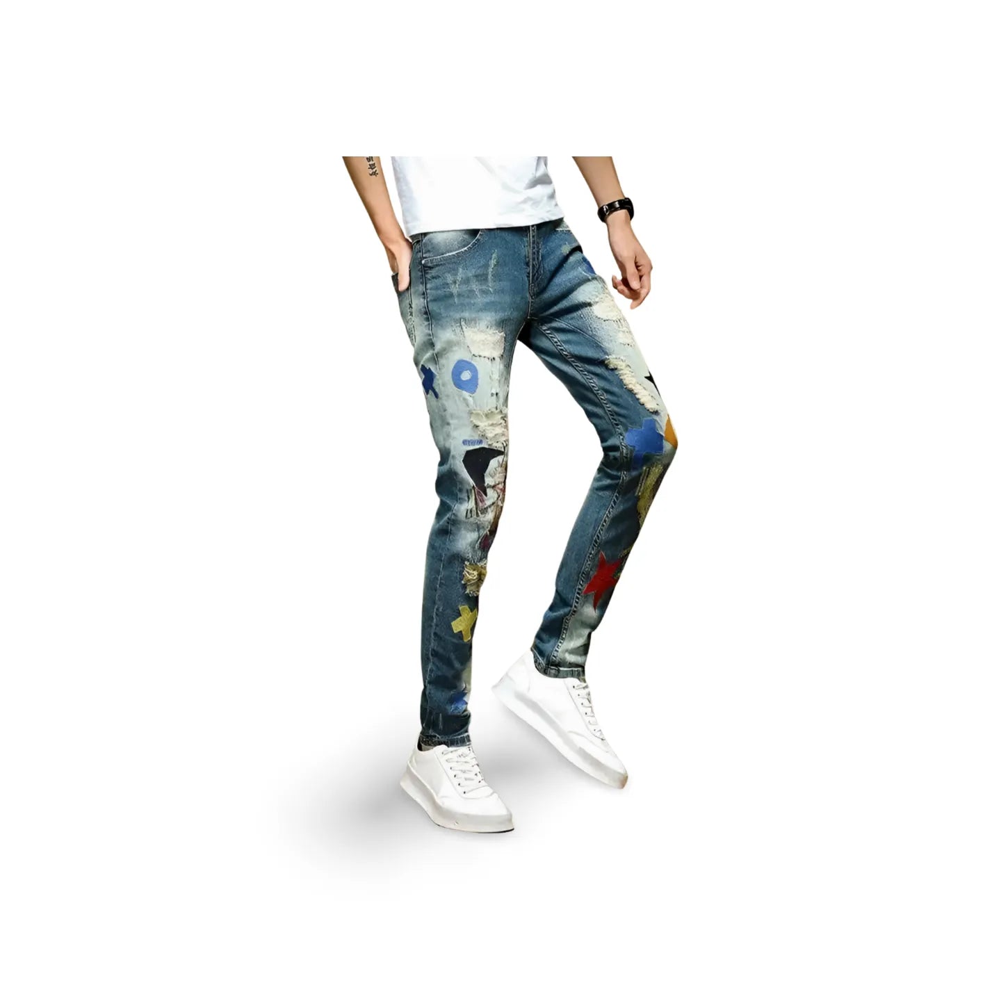 Men's Washed Patchwork Ripped  Embroidery Scratch Denim Jeans