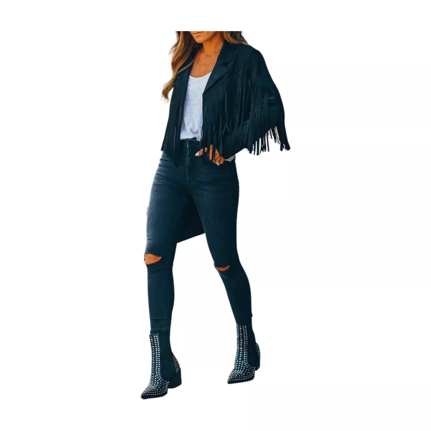 Fringed Hem Tassel Motor Biker Jacket Suede Leather