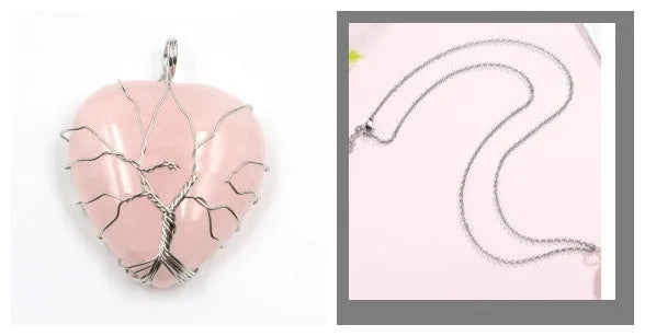 Peach Heart-shaped Lovers Pendant With Natural Crystal Tree Of Life Necklace