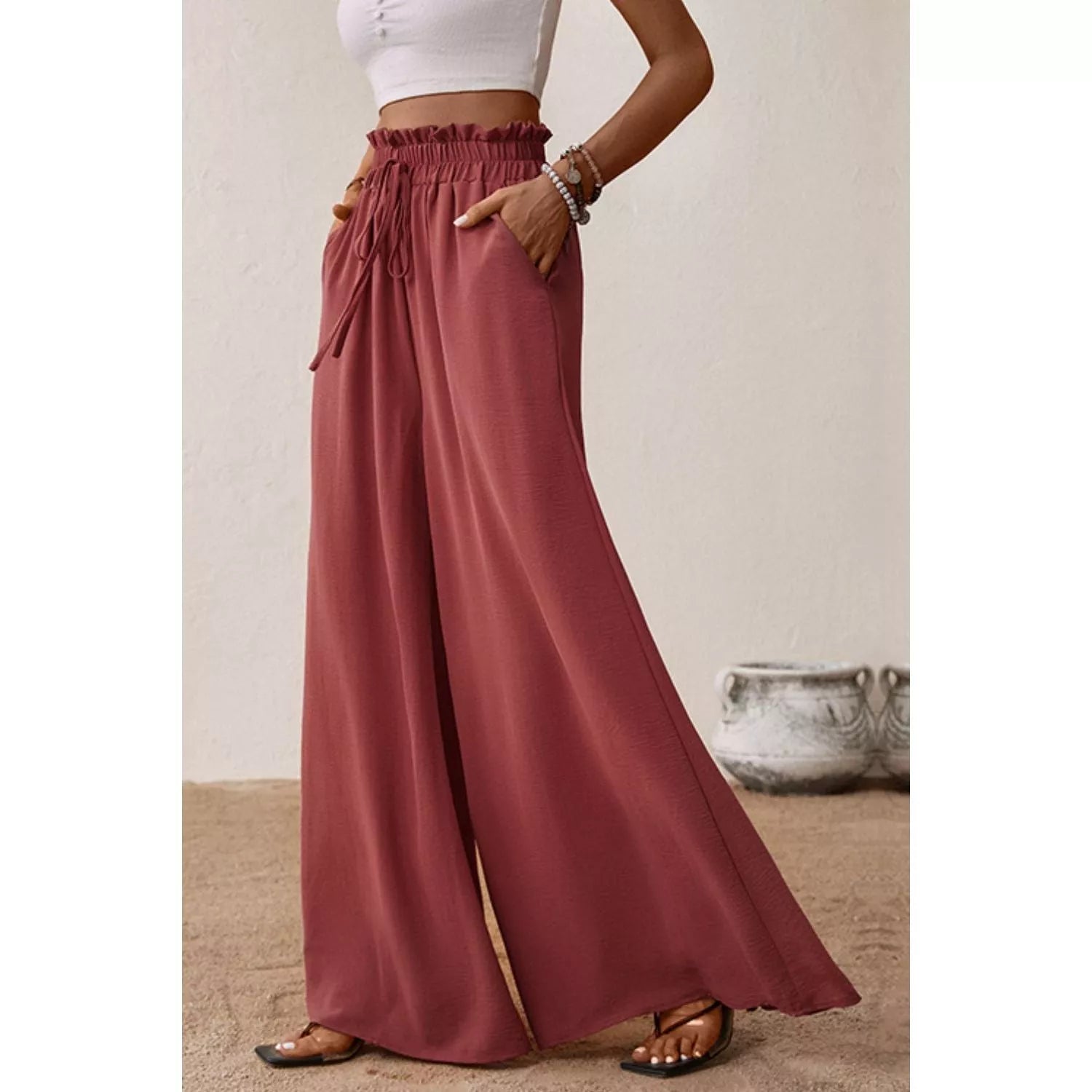 Smocked Paperbag Waist Wide Leg Pants