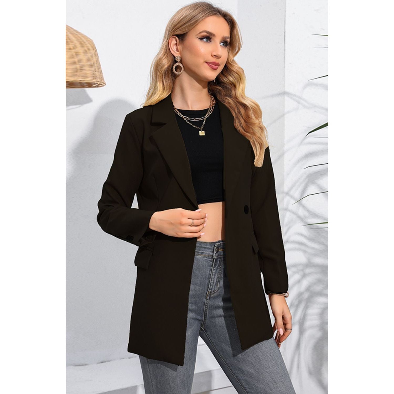 Lapel Neck Long Sleeve Blazer with Pockets