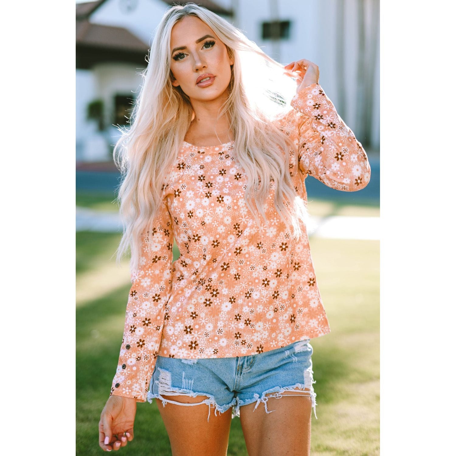 Floral Print Round Neck Long Sleeve Tee