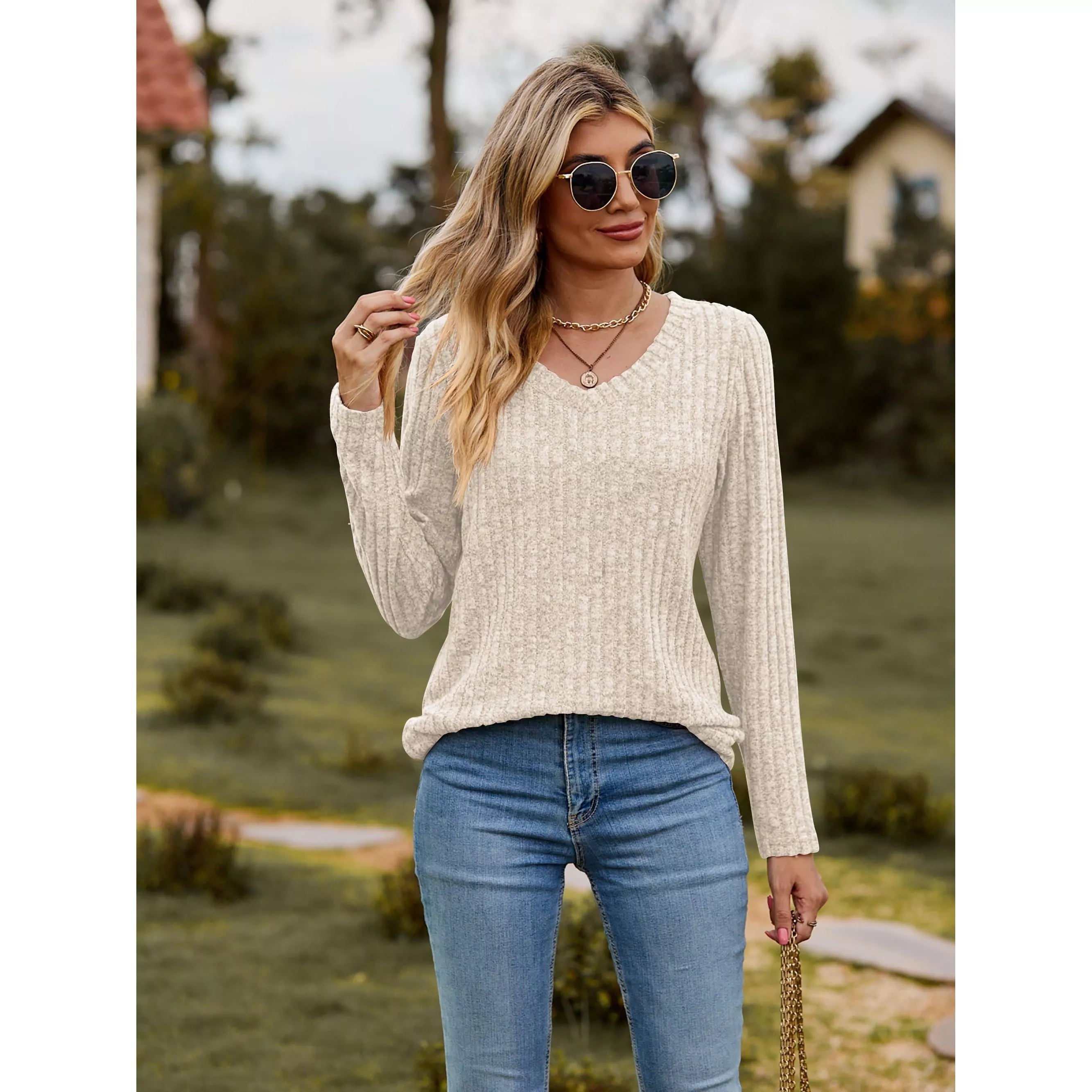 Ribbed V-Neck Long Sleeve Tee