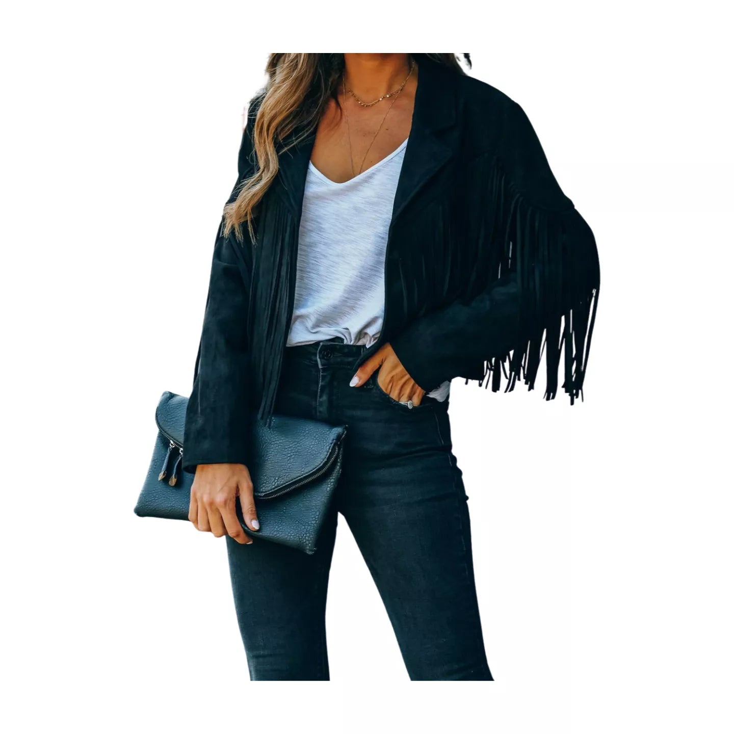 Fringed Hem Tassel Motor Biker Jacket Suede Leather