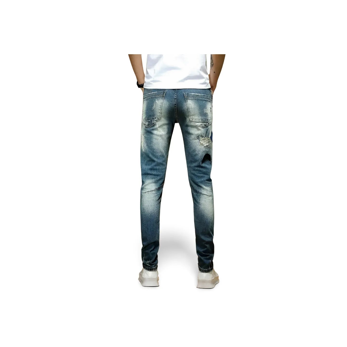 Men's Washed Patchwork Ripped  Embroidery Scratch Denim Jeans