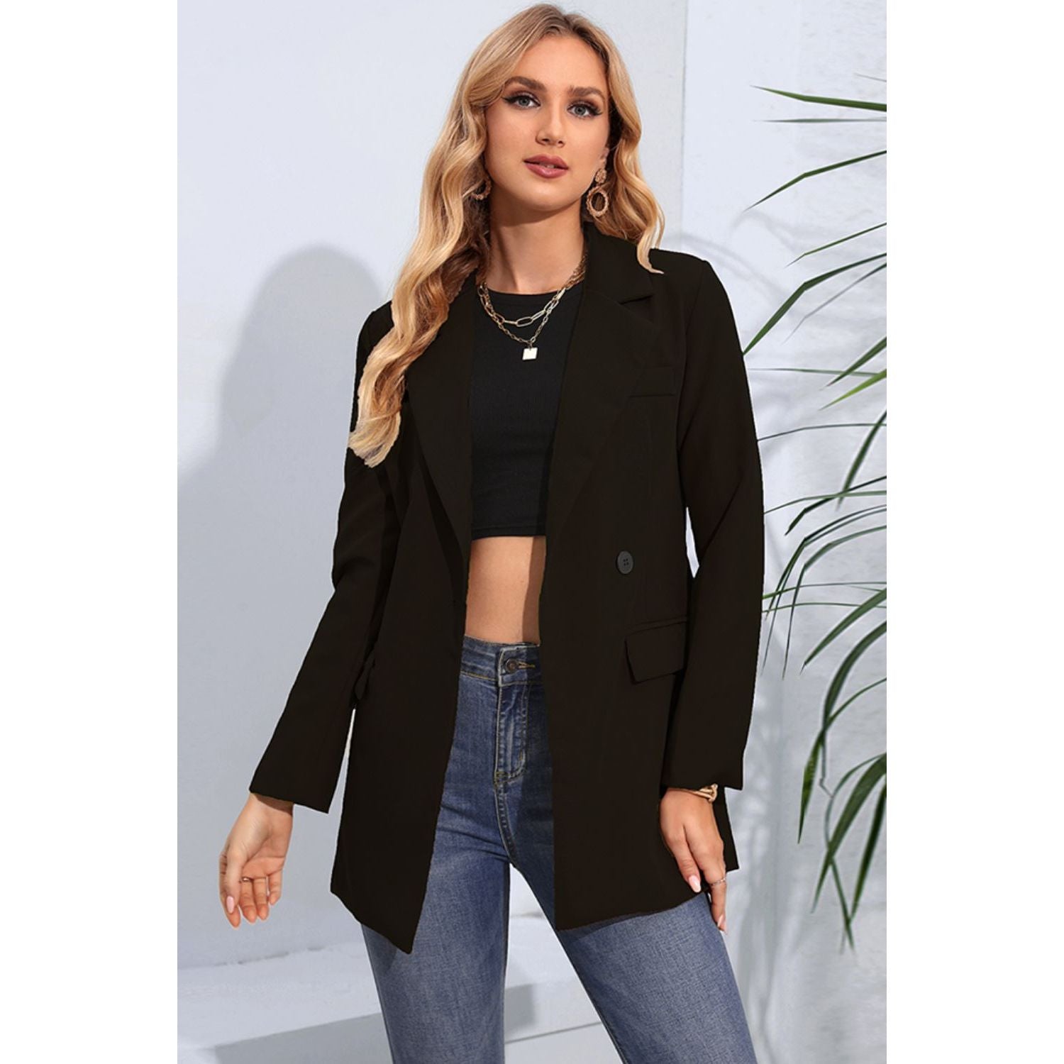 Lapel Neck Long Sleeve Blazer with Pockets