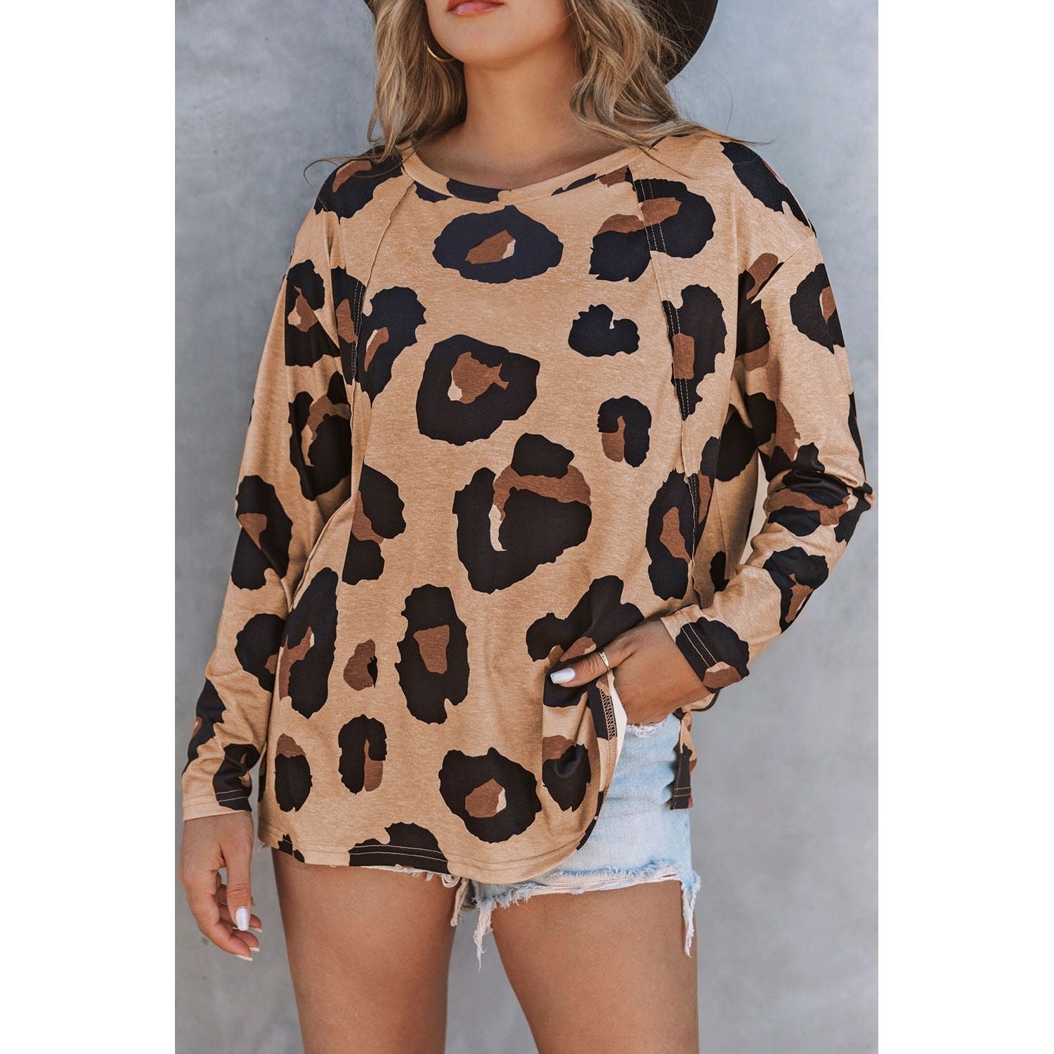 Full Size Leopard Print Round Neck Long Sleeve Tee