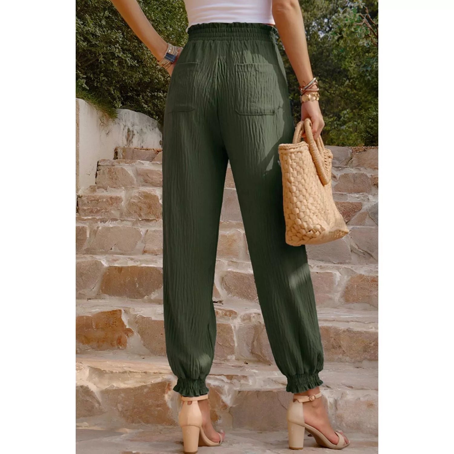 Textured Smocked Waist Pants with Pockets