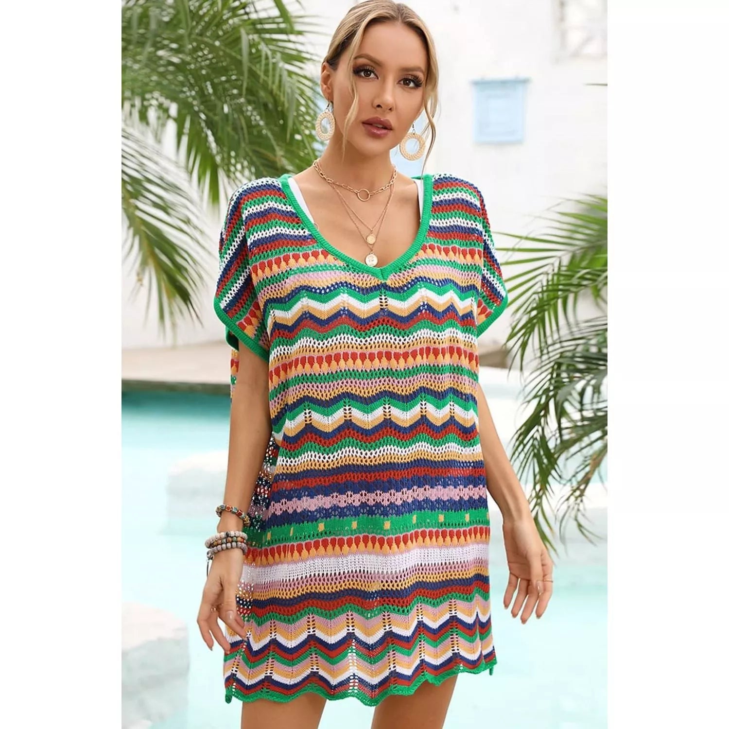 Rainbow Stripe Scalloped V-Neck Cover-Up Dress