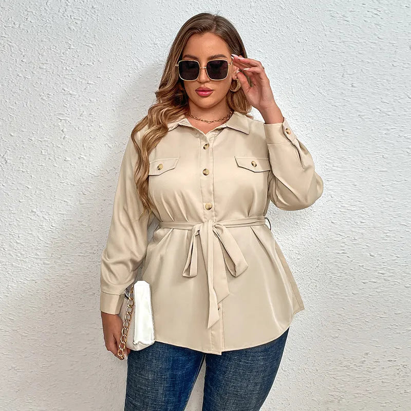 Tops & Blouses, Women's Plus Size Tie Belt Long Sleeve Shirt