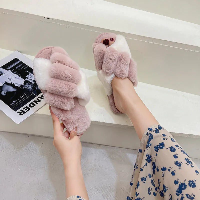 Warm Plush Slippers | Cross Top Fur Slippers | Ikervo