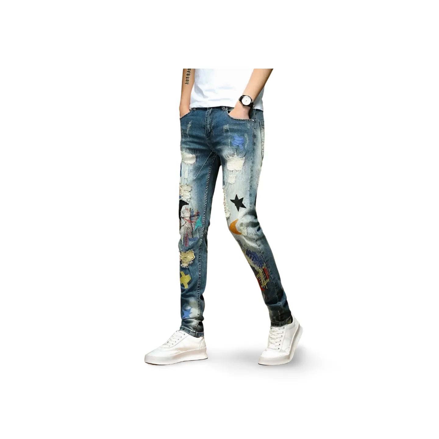 Men's Washed Patchwork Ripped  Embroidery Scratch Denim Jeans