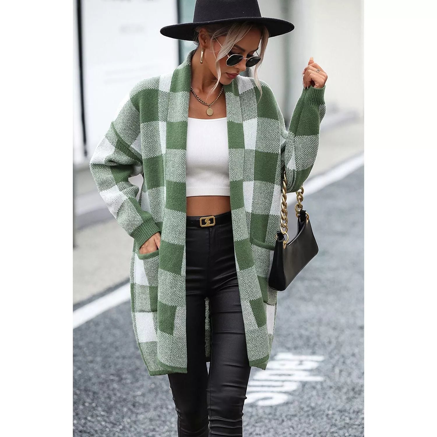 Plaid Dropped Shoulder Cardigan with Pocket