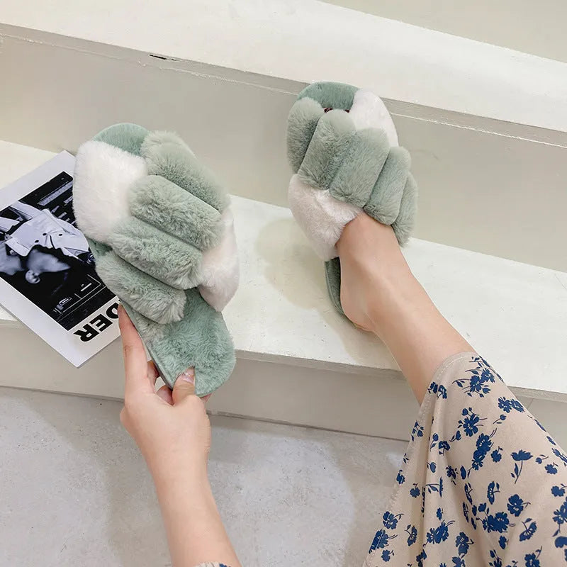 Warm Plush Slippers | Cross Top Fur Slippers | Ikervo